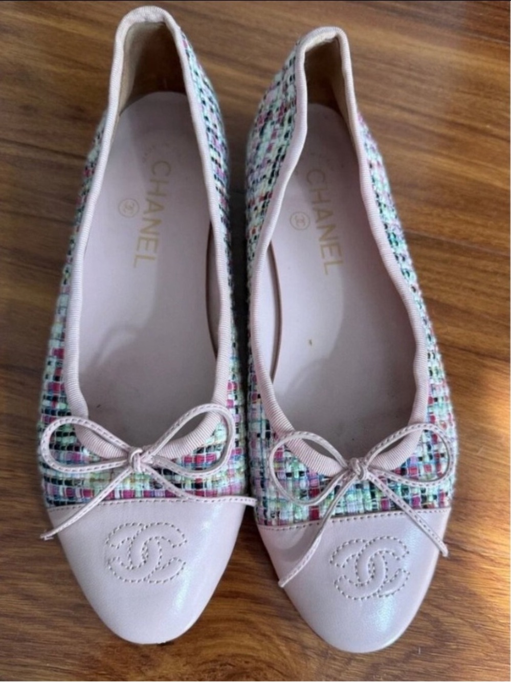 Auth CHANEL Ballet Ballerina Tweed Multi Flats Pink Cap Toe‎ 36